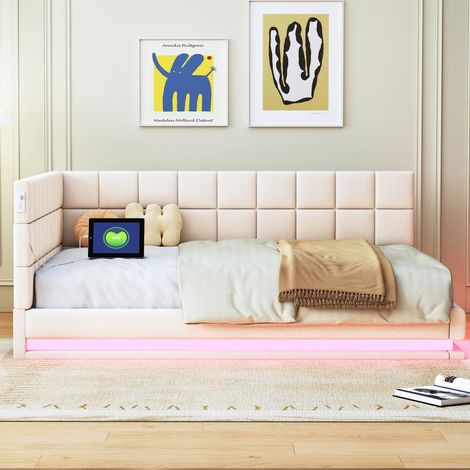 Lit rembourré canapé-lit 140200 lit multifonction avec bande lumineuse LED,prise USB et cadre à lattes,beige en lin adapté à la peau