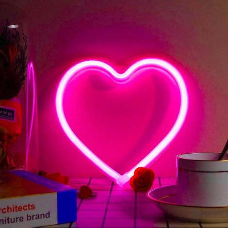 Enseigne néon LED coeur rose alimentée par USB ou piles, décoration murale (1/4)