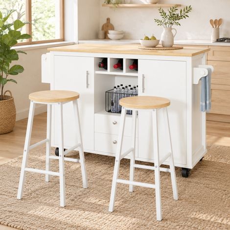 Isola cucina 137,9x45-73x92 cm MDF e metallo bianco con 2 sgabelli salvaspazio – MEUBLIV (1/5)