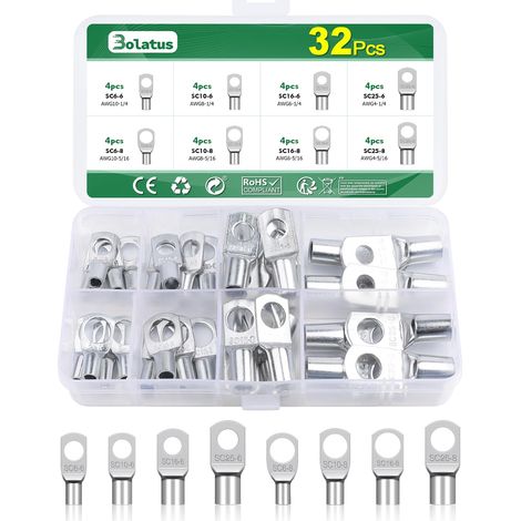 Satz mit 32 rohrförmigen Kabelschuhen, 6 mm², 10 mm², 16 mm², 25 mm² Kabelschuhe, verzinnte Kupferring-Kabelschuhe für M6- und M8-Ringösen an Fahrzeugen
