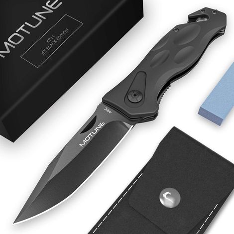 MOTUNE® Zweihand Klappmesser 3-in-1 KP21 - Taschenmesser mit Aluminiumgriff - Zweihandmesser mit hochwertiger Edelstahlklinge 440C - mit Schleifstein & Gürteltasche (1/5)