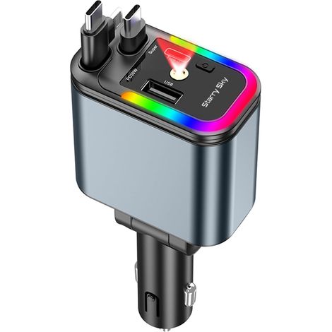 Chargeur Voiture Rétractable 5 en 1 Allume Cigare USB C avec Projection d'Étoiles, Câble de Charge (C+L) pour 15/Galaxy/Huawei/Tablet (1/5)