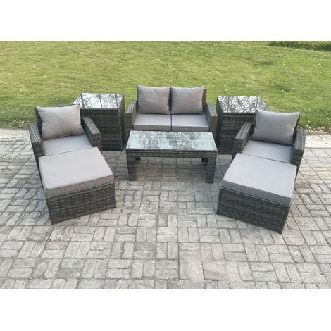 Fimous 8 PCS Outdoor Lounge Sofa Set Wicker PE Rattan Garden Furniture Set with Rectangular Coffee Table Armchair 2 Big Footstool 2 Side Tables Dark Grey Mixed (1/5)