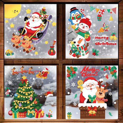Autocollants décoratifs de Noël pour fenêtres, cadeaux du Père Noël, bonhomme de neige, rennes, autocollants de fenêtre à motifs de dessins animés, autocollants de porte, électricité statique.