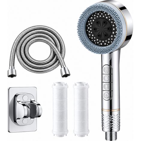Pommeau de douche turbine réglable à 4 vitesses + flexible de 2 mètres + support, système de filtration intégré, 2 cartouches de rechange incluses, argent