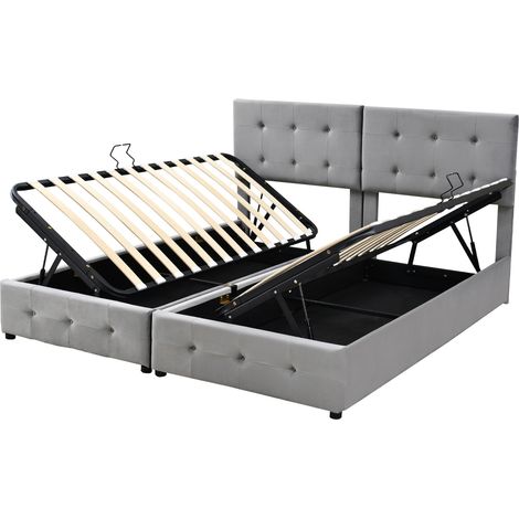 Cama tapizada 180x200 cm con arcón hidráulico y cabecero ajustable de terciopelo gris (1/5)