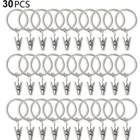 30 anneaux de rideaux robustes avec pinces, supports de tringle à tension et œillets métalliques, décoratifs, de couleur argentée. (1/4)
