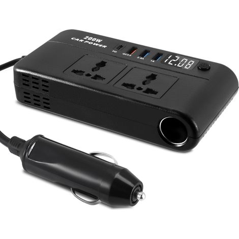 Convertisseur de puissance auto 200W 12V CC vers 240V CA, 7 ports charge rapide multi-tension, voltmètre LED, 2 prises 12V, 4 USB PD/QC 3.0 et répartiteur allume-cigare