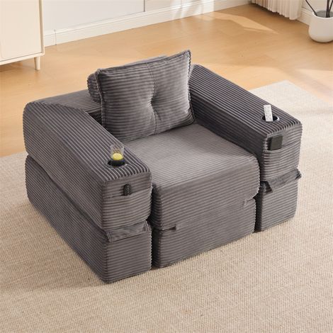 Canapé Convertible 1 Place - 122x98x80cm - Chauffeuse Pliante en Velours Côtelé avec Ressorts, Porte-Gobelet - Gris Foncé (1/5)