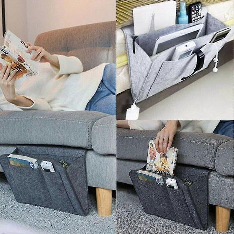 Sac de rangement de chevet en feutre avec poches, organisateur suspendu pour lit, canapé ou bureau, pour téléphone et journaux - (1/4)