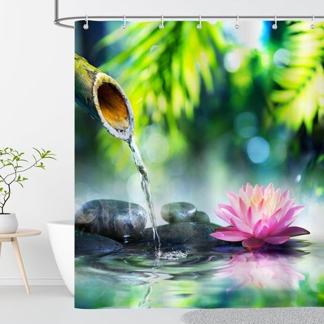 Zen Rideau Douche Anti Moisissure 120x200 Galet Bambou Imprimé Vert Rose Rideau de Douche Baignoire Tissu Imperméable Polyester Rideaux Salle de Bain Lavable Machine avec Anneaux (1/5)
