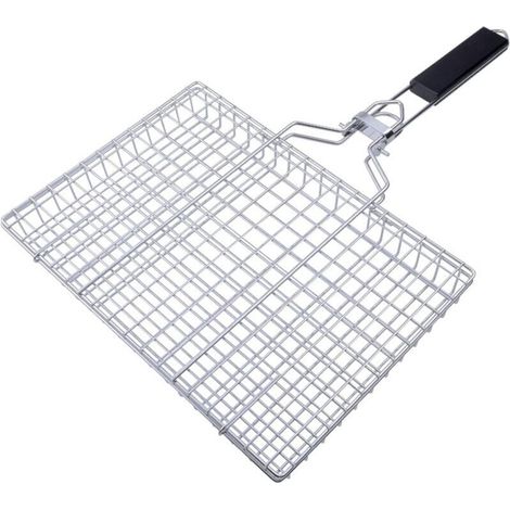 1 panier à griller en acier inoxydable (50 x 32 x 3,5 cm), grille en alliage avec manche en bois, convient pour les légumes, la viande et le poisson
