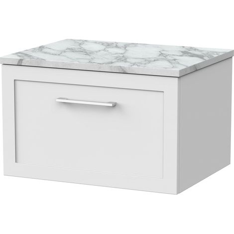 Stonnall Traditional Wall Hung 1 Drawer Vanity Unit with Carrera Marble Laminate Worktop, 600mm, Matt White