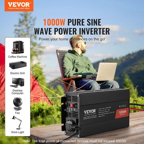 Onduleur à onde sinusoïdale pure, 1000 W, onduleur CC 12 V vers CA 230 V, avec 1 prise CA, 1 port USB, 1 port Type-C, et télécomman… (1/5)