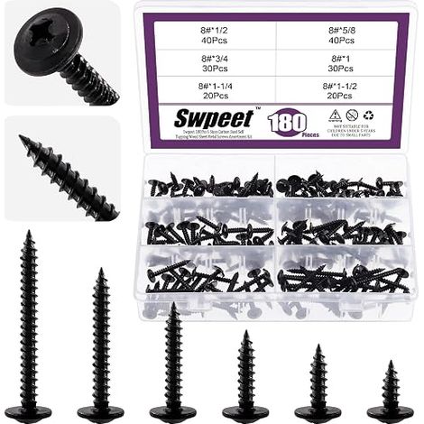 6 tailles 8 x 1/2", 5/8", 3/4", 1 1/4", 3,8 cm assortiment de vis à bois cruciformes en acier phosphate noir vis autotaraudeuses auto-perceuses (1/3)