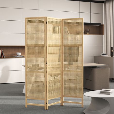 Paravento pieghevole a 3 pannelli 135 x 180 cm in rattan PP e legno di pino, naturale OKMYHOME (1/5)