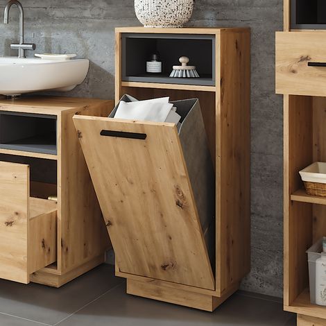 Armario de baño Beatrice, Roble artesanal/antracita, 38 x 93 cm con bolsillo interior extraíble, Vicco