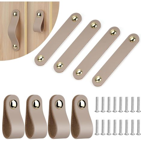 Lot de 8 Poignée Meuble Cuisine, Poignée Meuble Cuir, Bouton de Portes Placard Poignee Cuir Bouton de Tiroir, Poignee de Meubles Vintage pour Armoires, Commode, Cuisine, Salle de Bain (1/5)