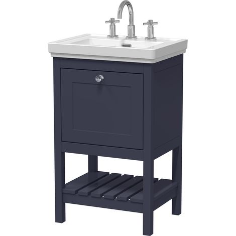 Balterley Coppenhall Bathroom Floor Standing 1 Drawer Vanity & 3 Tap Hole Fireclay Basin, Indigo Blue, 531mm