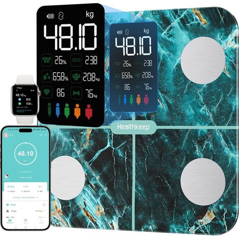 Balance Pèse Personne, Balance Connectée Impédancemètre Grand Écran VA avec Fréquence Cardiaque avec 15 Mesures Avec APP pour Andriod et iOS 180kg/400lb/28st, Vert (1/5)