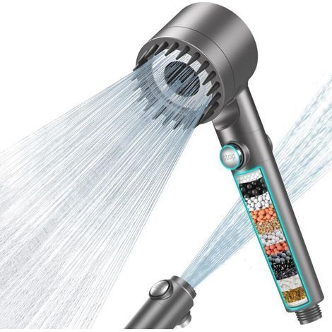 Pommeau de Douche Anti Calcaire avec 15 Étapes Filtre et avec Tuyau 1,5M Pommeau Douche Économie Deau Haute Pression Filtre Douche 3 + 1 Types de Jets (1/4)
