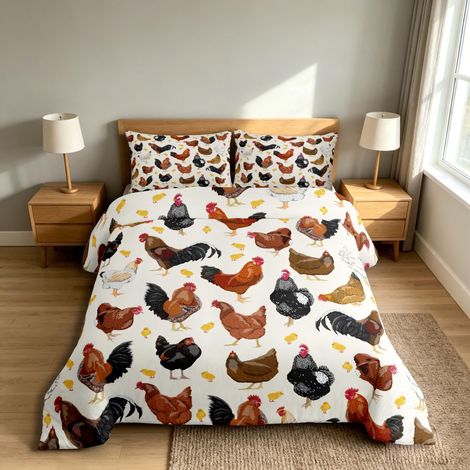 Parure de lit avec housse de couette 135 x 200 cm - Motif coq et poule - Pour adolescents, adultes - Avec fermeture éclair et 1 taie d'oreiller - Orange/noir/blanc (1/5)