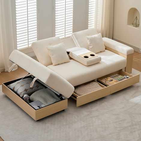 Canapé Convertible 2 Places en Chenille avec Coffres de Rangement,Dossiers Réglables,Porte-Gobelets Intégré,Canapé Multifonction,Beige (1/5)