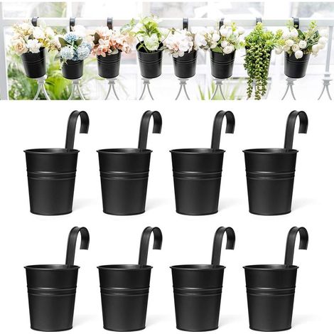 8 Pcs Pots de Fleurs Suspendus en Fer, Jardinières pour Garde-Corps et Clture, Noir, 4 Pouces (1/4)