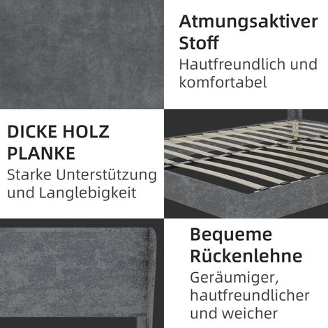 Lit rembourré moderne et minimaliste avec tête de lit souple, 140 x 200 cm, gris, meuble de chambre multifonctionnel, sommier bas (sans rangement), matelas non inclus. (1/5)