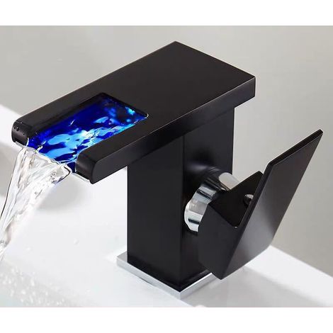 Bathroom Sink Faucet with LED Light Waterfall Spout, Brass Body, black lacquer side opening (1/2)