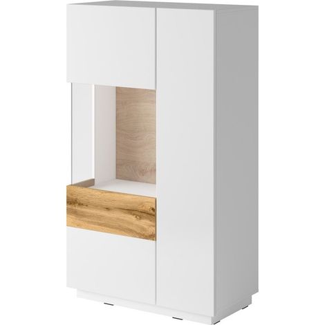 Buffet alto con collezione KILES a due ante. Colori bianco e rovere. Porta a vetro sulla sinistra.
