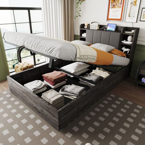 MEUBLIV Letto 140x200 cm grigio con rete idraulica, contenitore e USB, senza materasso (1/5)