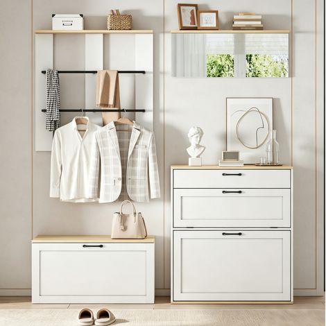 Meuble d'entrée 156x36x176 cm en bois blanc et naturel, gain de place pour entrée FloraGrace (1/5)
