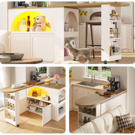 Table a manger extensible avec rangement (135-205×39×100 cm, table de bar mobile, table de bar avec LED, îlot de cuisine, blanc (1/5)