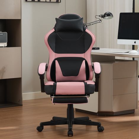 Fauteuil de gaming ergonomique style Kawaii rose et noir, avec repose-pieds escamotable et double coussin lombaire, polyvalent pour télétravail et moments de détente. (1/5)