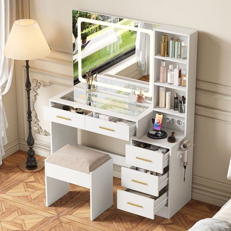 Toeletta con sgabello imbottito e specchio LED regolabile, prese USB e Type-C, piano in vetro, 5 cassetti e ripiani, stile moderno - Bianco