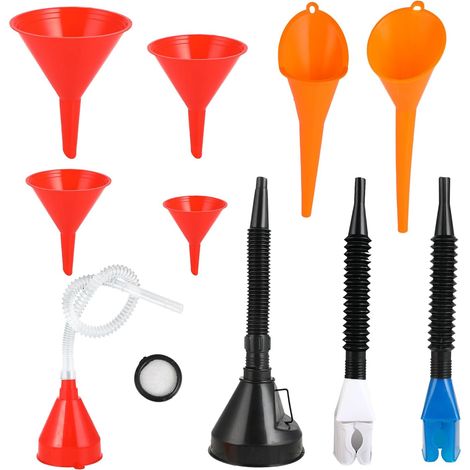 Set mit 10 Kunststofftrichtern mit langem Ausguss: flexibler rechtwinkliger Kraftstofftrichter, Motoröltrichter mit Filter und abnehmbarem Ausguss, geeignet zum Einfüllen und Nachfüllen von Kühlmittel (1/5)
