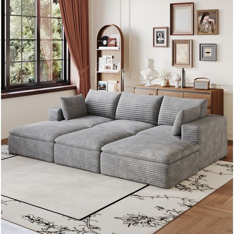 Sofá modular de 4 plazas 260 cm, en tela, relleno de espuma de alta densidad, gris