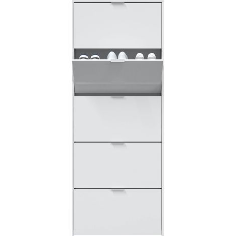 Schuhschrank Washington, Schuhschrank mit 5 Klapptüren, Schuhregal mit hohem Eingang, Modernes Schuhregal, cm 70x17h180, Glänzend Weiß (1/5)
