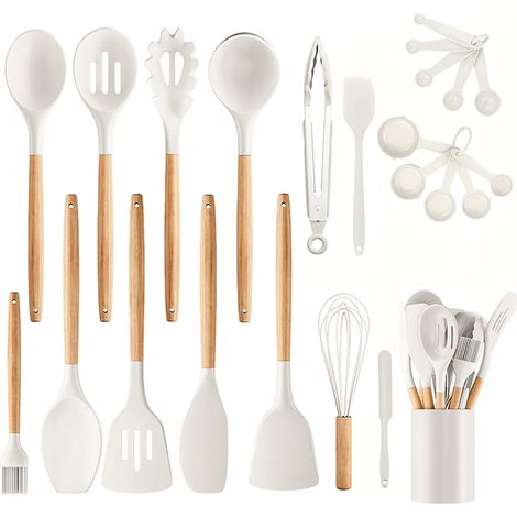 (Blanc) Ensemble de 24 ustensiles de cuisine en silicone antiadhésif avec manches en bois, durable et facile à nettoyer. (1/5)