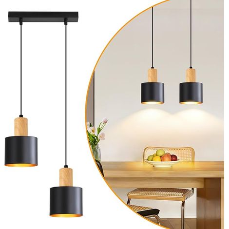 GBLY Lampada a Sospensione Sala da Pranzo E27 2 Fiamme Vintage Nero Oro Altezza Regolabile Isola Cucina Senza Lampadina (1/5)