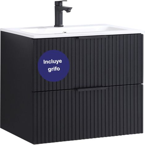 Kometmöbel Lavabo con mueble bajo 60cm Mueble de baño Roble 2 cajones con cierre suave Set de mueble de baño suspendido (Negro acanalado 60cm, Con grifo Negro) (1/5)