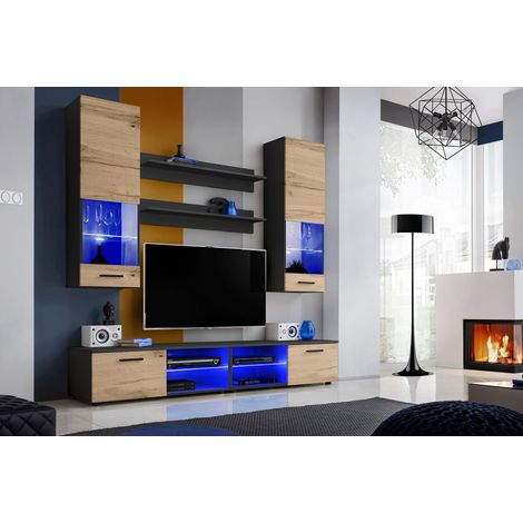 Komodee, Ensembles de Meubles RTV Varallo, Noir/Wotan, Largeur 200cm x Hauteur 195cm x Profondeur 45cm, LED Bleues, pour Salon, Chambre (1/4)
