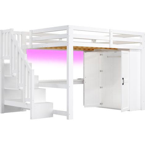 Letto a soppalco 140x200 cm con scrivania, ripiani, armadio, scala, USB e LED, bianco (1/5)