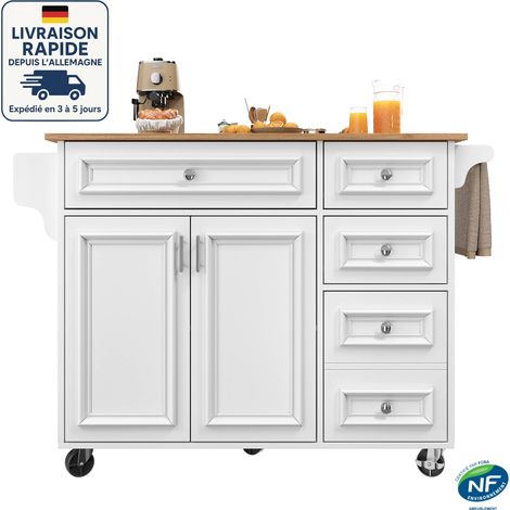 Carrito de cocina con especiero y toallero - 110×45-75×92 cm - Con 5 cajones y 2 puertas - Estilo escandinavo - Madera con certificación PEFC - Líneas limpias - Blanco (1/5)