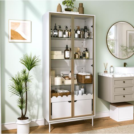 MEUBLIV Vitrine haute avec portes en verre, étagères réglables et tiroir, blanc et doré (1/5)