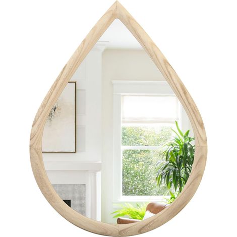 Miroir Mural à Suspendre en Bois Naturel en Forme de Goutte - Décoration pour Salle de Bain, Chambre à Coucher - 65 x 45 cm (1/5)