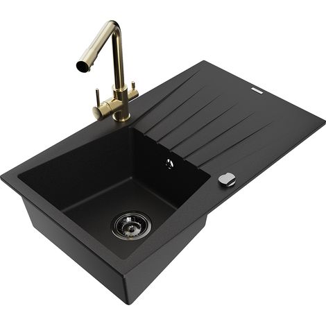 Mexen Cesar fregadero de granito de 1 cubeta con escurridor y grifo de cocina Duero, negro - 6514-77-671600-50-B (1/5)