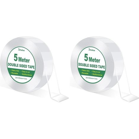 5m Ruban Adhésif Double Face Extra Fort Transparent, Double Face Réutilisable Lavable, Multifonctionnel Ruban adhésif Pour Tapis/Photo/Décoration (Lot de 2)
