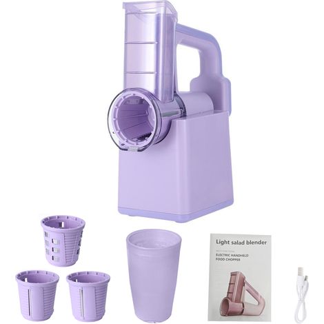 Râpe à fromage électrique rotative sans fil, coupe-légumes 3 en 1, râpe portable, saladier, broyeur à glace avec support, lame remplaçable, violette. (1/5)